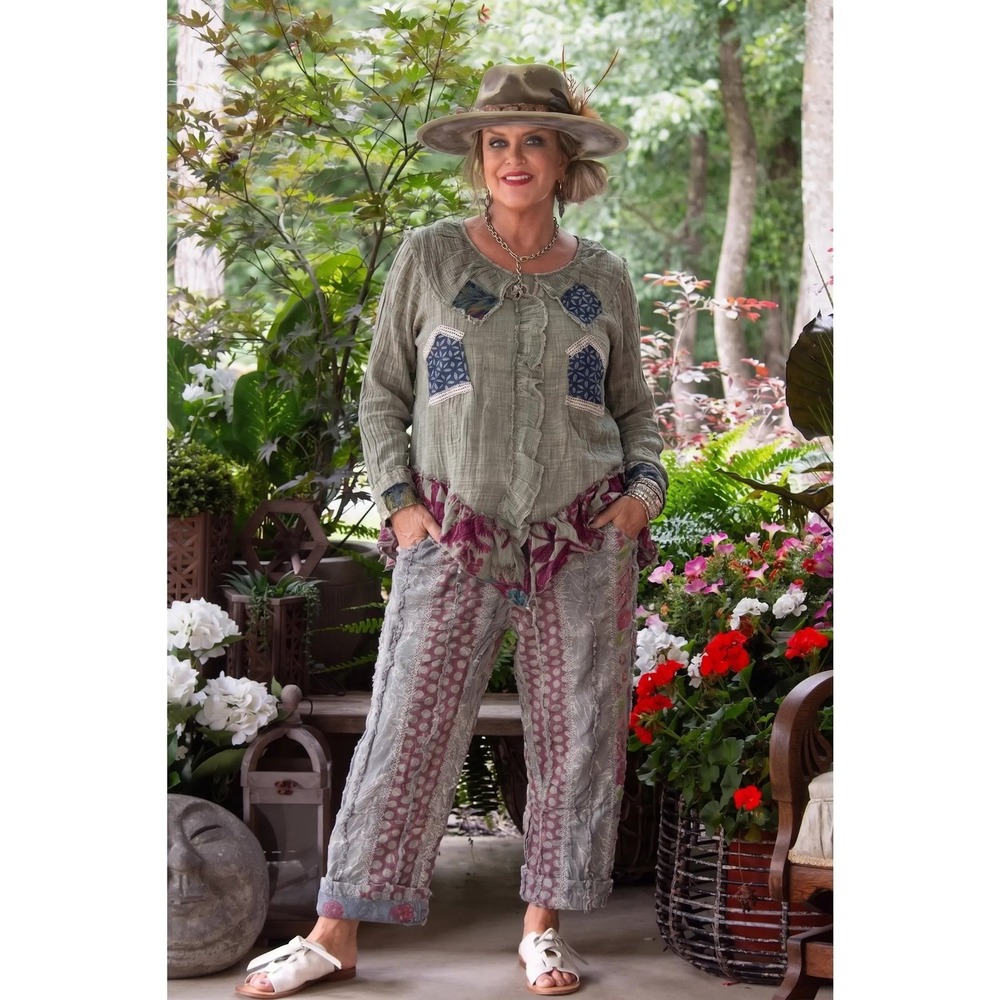 Jaded Gypsy Mixed Media Patchwork Ruffle Crop Pants Blue Floral Polka Dot NEW